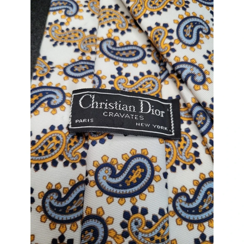 Christian Dior Men's Necktie White Blue Yellow Paisley Silk 3.75